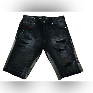 First Row men’s distressed ripped‎ jean shorts jorts black camo size 36